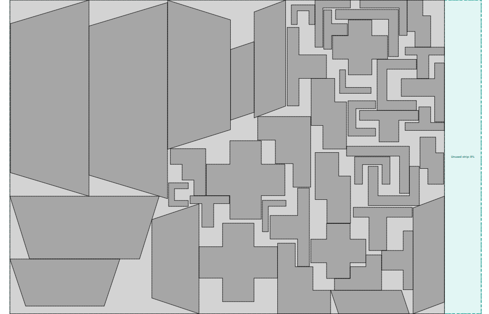 Inefficient sheet layout with random part placement, large gaps, and high material waste